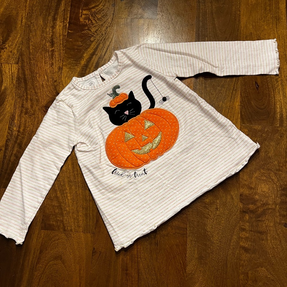 Mud Pie Pink and Gold Striped Halloween Black Cat and Pumpkin Shirt Size 5T